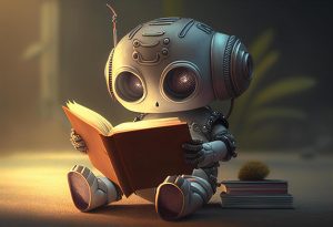 3d-rendering-of-a-little-robot-reading-a-book-in-a-dark-room-generative-ai-free-photo